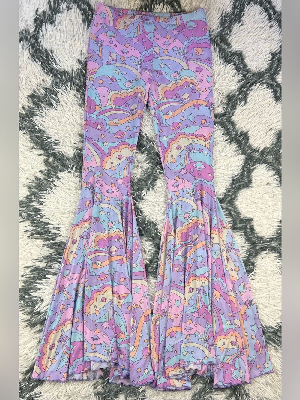 Dolls Kill Sugar Thrillz Women’s Purple Groovy Galaxy Mesh Flares Pants Size M - Picture 1 of 12